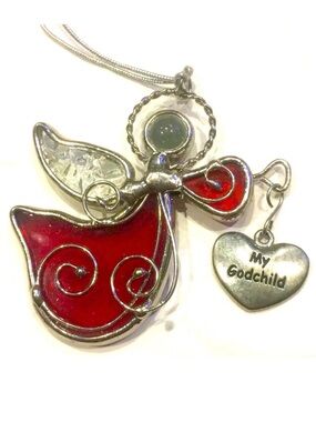 Stained Glass Angel Holding Heart Ornament My Godchild Red Clear NWOT